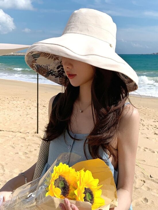 Women Wide Brim Summer Sun Hat Wired Edge Beach Bucket Fishing Hats Beige main image 5